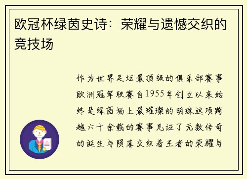 欧冠杯绿茵史诗：荣耀与遗憾交织的竞技场