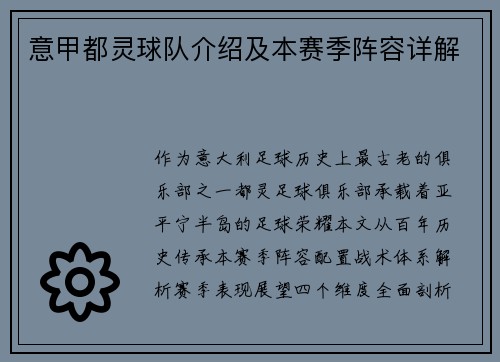 意甲都灵球队介绍及本赛季阵容详解