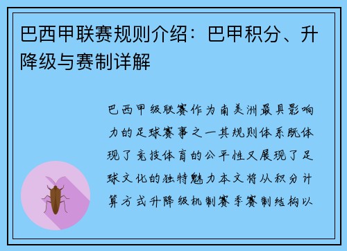 巴西甲联赛规则介绍：巴甲积分、升降级与赛制详解