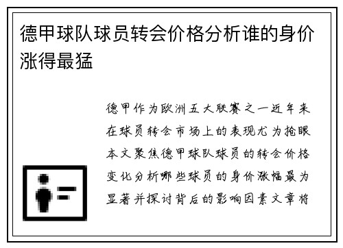 德甲球队球员转会价格分析谁的身价涨得最猛