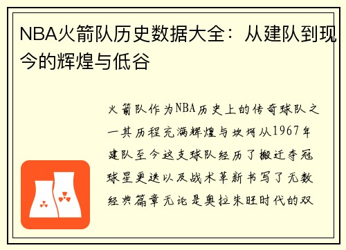 NBA火箭队历史数据大全：从建队到现今的辉煌与低谷