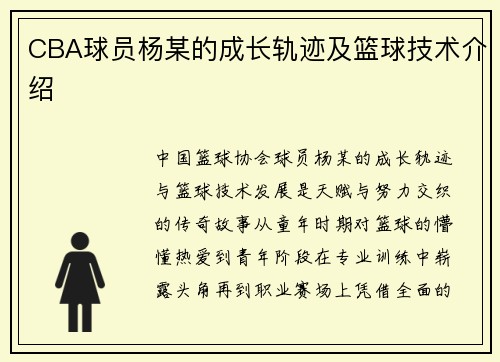CBA球员杨某的成长轨迹及篮球技术介绍