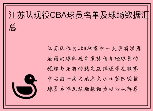 江苏队现役CBA球员名单及球场数据汇总